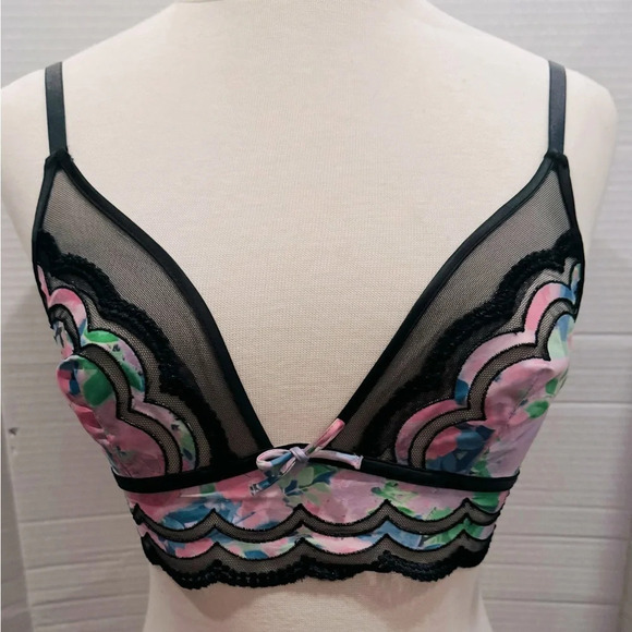 NEW For Love+Lemons Odette floral triangle bra Pink black lace scalopped bow XS - Picture 1 of 6